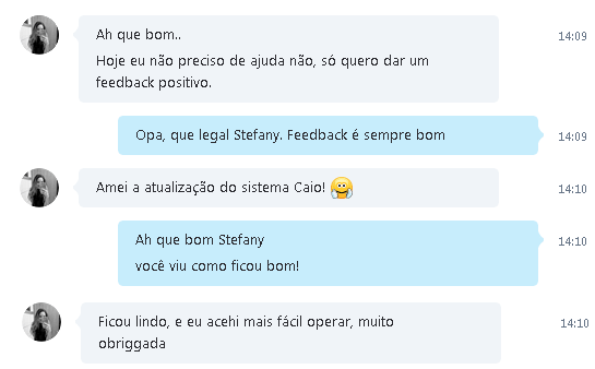 Usuária do sistema dando feedback positivo e agradecendo a atualização