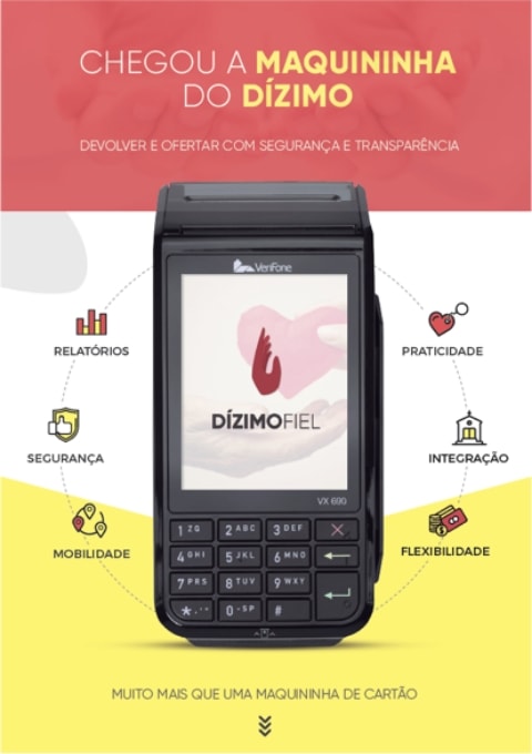 Chegou a maquininha do dízimo. Imagem ilustrativa com as características da maquininha.