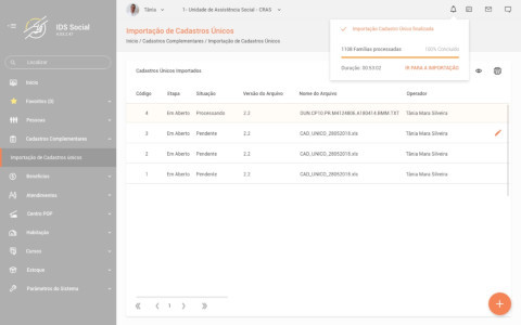 Página de importação de cadastro único