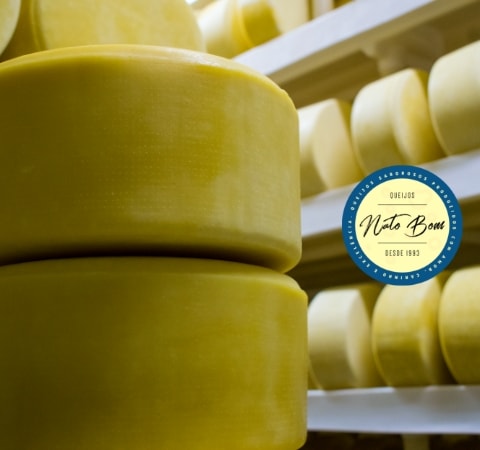 Queijos Nato Bom empilhados com a logomarca ao lado.